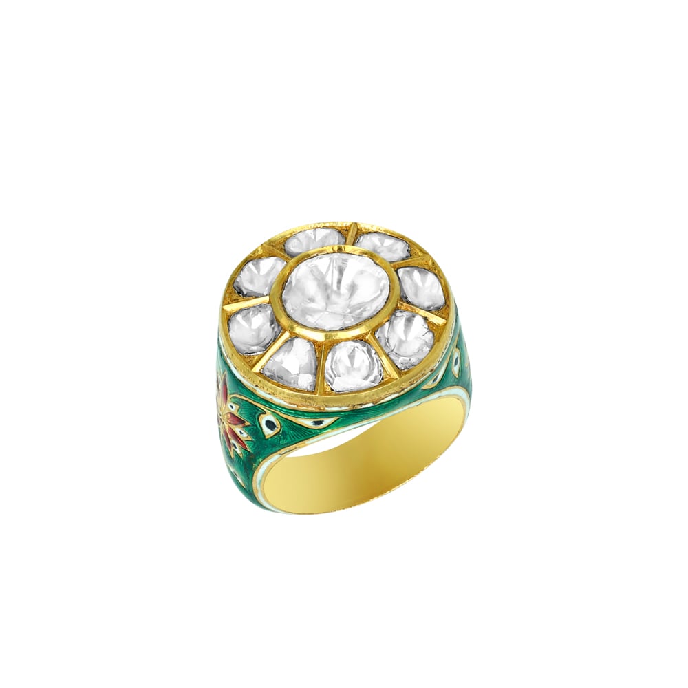 Polki Ring with Green Enamel Floral Motifs